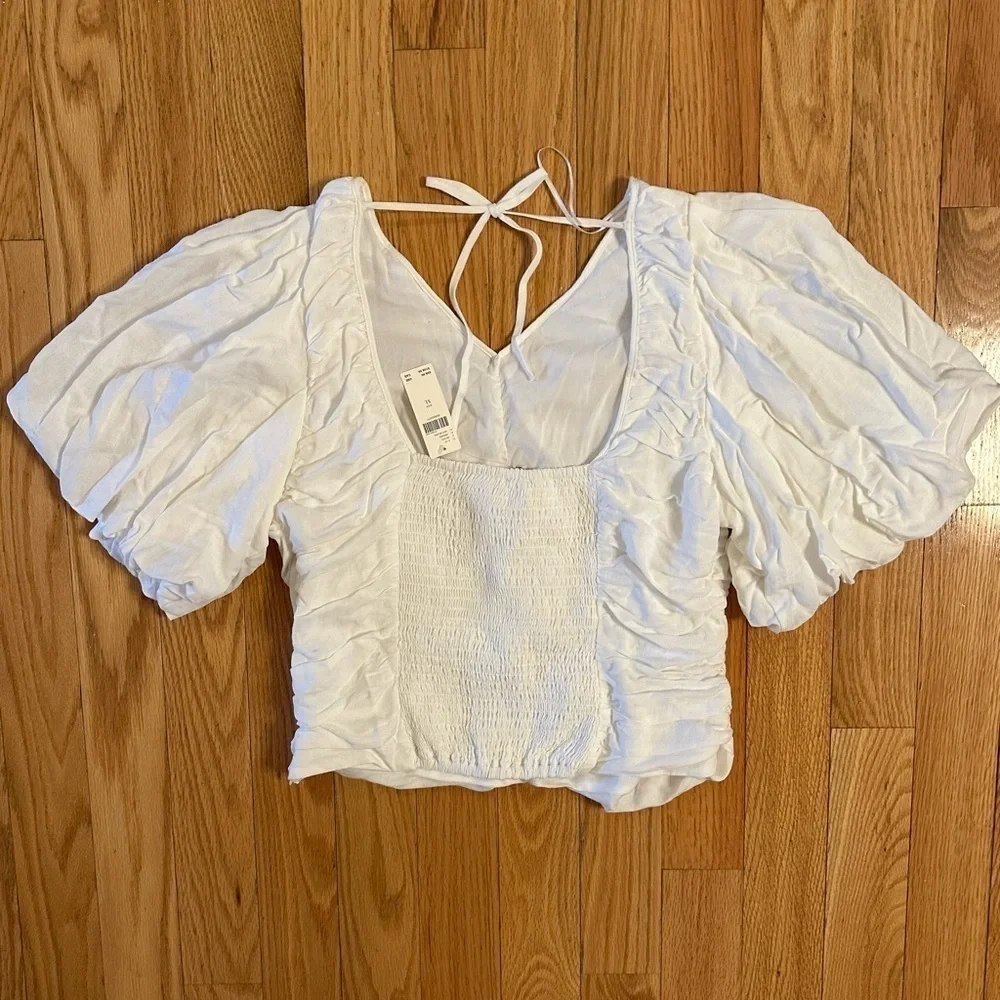 Anthropologie Pilcro Ruched Puff-Sleeve Top XL White Tie String Back New